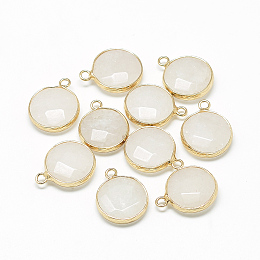 Honeyhandy Natural White Jade Pendants, with Brass Findings, Faceted, Dyed, Flat Round, Golden, Creamy White, 19~21x15~16x6~7mm, Hole: 2mm