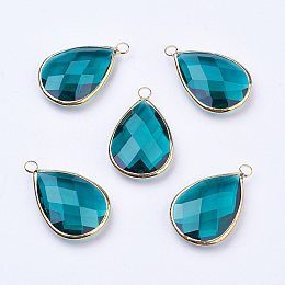 Honeyhandy Golden Tone Brass Glass Teardrop Pendants, Faceted, Teal, 18x10x5mm, Hole: 2mm