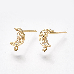 Honeyhandy Brass Cubic Zirconia Stud Earring Findings, with Loop, 925 Sterling Silver Pins, Moon, Clear, Nickel Free, Real 18K Gold Plated, 8.5x5mm, Hole: 0.7mm, Pin: 0.7mm