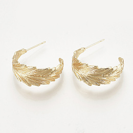 Honeyhandy Brass Stud Earrings, Half Hoop Earrings, Leaf, Nickel Free, Real 18K Gold Plated, 24x11.5mm, Pin: 0.8mm