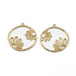 Honeyhandy Brass Pendants, Flat Round with Flower, Real 18K Gold Plated, 27.5x25x1mm, Hole: 1mm