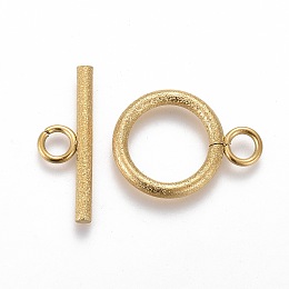 Honeyhandy Ion Plating(IP) 304 Stainless Steel Toggle Clasps, for DIY Jewelry Making, Textured, Ring, Golden, Bar: 7x20x2mm, Hole: 3mm, Ring: 19x14x2mm, Hole: 3mm