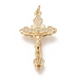 Honeyhandy Brass Micro Pave Clear Cubic  Zirconia Pendants, with Jump Rings, Crucifix Cross, Real 18K Gold Plated, 35x19.5x4mm, Jump Ring: 5x1mm, 3mm Inner Diameter