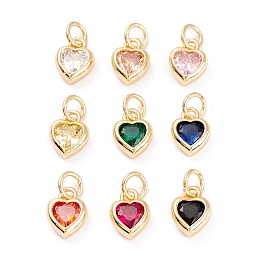 Honeyhandy Brass inlaid Cubic Zirconia Pendants, with Jump Ring, Long-Lasting Plated, Heart, Golden, Mixed Color, 9.5x7x3mm, Hole: 3.6mm