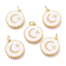 Honeyhandy Brass Micro Pave Clear Cubic Zirconia Pendants, Long-Lasting Plated, with Jump Rings & Enamel, Real 18K Gold Plated, Flat Round with Moon & Star, White, 18x16x2.5mm, Hole: 2.5mm