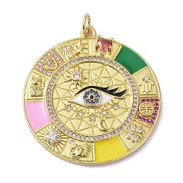 Honeyhandy Brass Clear Cubic Zirconia Enamel Pendants, with Jump Ring, Long-Lasting Plated, Lead Free & Cadmium Free, Flat Round with Eye Pattern, Colorful, 38.5x35.5x4mm, Jump Ring: 6x1mm, 4mm Inner Diameter