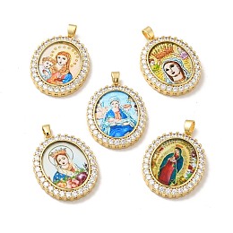 Honeyhandy Brass Micro Pave Cubic Zirconia Pendants, with Glass, Real 18K Gold Plated, Oval with Virgin Mary, Clear, 32x25.5x4.5mm, Hole: 3.5x5mm