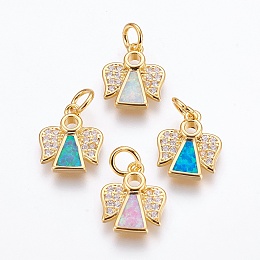 Honeyhandy Brass Cubic Zirconia Pendants, with Synthetic Opal, Angel, Golden, Mixed Color, 14.5x12x2.5mm, Hole: 4mm