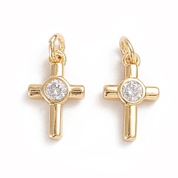 Honeyhandy Brass Micro Pave Cubic Zirconia Tiny Cross Charms, with Jump Ring, Long-Lasting Plated, Clear, Golden, 12.5x7.8x2.2mm, Hole: 2.5mm