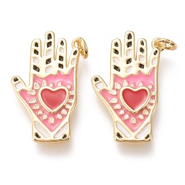 Honeyhandy Brass Pendants, with Enamel and Jump Rings, Long-Lasting Plated, Palm with Heart, Pink, Golden, 24x14x2mm, Hole: 3mm