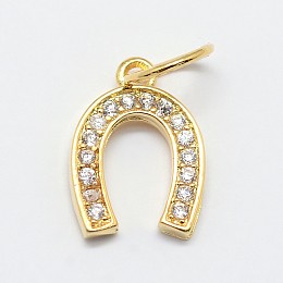 Honeyhandy CZ Brass Micro Pave Cubic Zirconia Horse Shoe Charms, Golden, 13x9x2mm, Jump Ring: 7x0.8mm