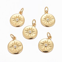 Honeyhandy Brass Charms, with Cubic Zirconia, Flat Round with Sun, Clear, Golden, 15x12x2mm, Hole: 3.5mm