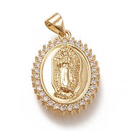 Honeyhandy Brass Pendants, with Clear Cubic Zirconia, Oval with Holy Virgin, Clear, Real 18K Gold Plated, 23x16.5x4mm, Hole: 5x3mm