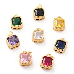 Honeyhandy Real 18K Gold Plated Brass Inlaid Cubic Zirconia Charms, with Jump Ring, Long-Lasting Plated, Square, Mixed Color, 9.5x7x4mm, Jump Ring: 4x0.5mm, 2.5mm Inner Diameter