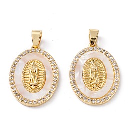 Honeyhandy Brass Micro Pave Clear Cubic Zirconia Pendants, Lady of Guadalupe Charms, Long-Lasting Plated, Oval with Virgin Mary, Real 18K Gold Plated, 27x19x3mm, Hole: 4.5x3.5mm