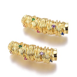 Honeyhandy Brass Micro Pave Colorful Cubic Zirconia Pendants, Long-Lasting Plated, Column, Real 18K Gold Plated, 25x8mm, Hole: 4mm