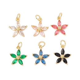 Honeyhandy Brass Micro Pave Cubic Zirconia Pendants, with Jump Rings, Cadmium Free & Lead Free, Long-Lasting Plated, Real 18K Gold Plated, Flower, Mixed Color, 15x12.5x3mm, Hole: 3mm