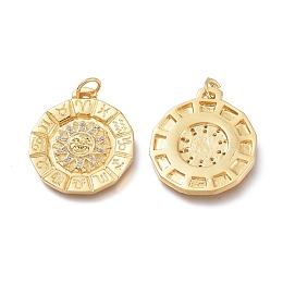 Honeyhandy Brass Micro Pave Clear Cubic Zirconia Pendants, with Jump Rings, Long-Lasting Plated, Flat Round with Twelve Constellation/Zodiac Sign, Real 18K Gold Plated, 25x22x3mm, Jump Ring: 6x0.7mm, Hole: 4.5mm