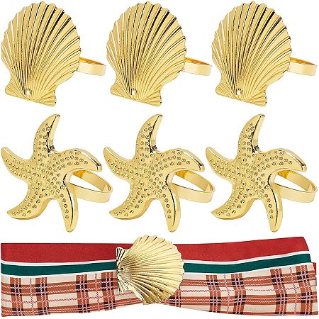 GORGECRAFT 6Pcs 2Styles Alloy Napkin Rings Coastal Theme Shell Starfish Serviette Buckles for Kitchen Countertop Dining Table Picnic Indoor Outdoor Use Sea Shells Metal Napkin Rings