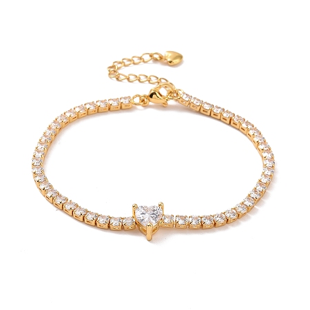 Honeyhandy Clear Cubic Zirconia Tennis Bracelet with Heart, Brass Square Link Chain Bracelet for Women, Real 18K Gold Plated, 7-3/8 inch(18.8cm)