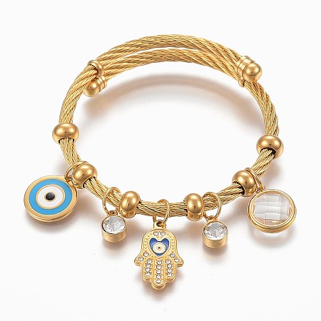 Honeyhandy Adjustable 304 Stainless Steel Charm Bangles, with Enamel, Glass and Rhinestone, Eye, Hamsa Hand and Flat Round, Golden, 2-1/4 inch(5.6cm), 4~12mm