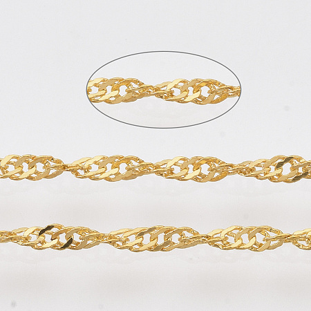 Honeyhandy Soldered Brass Coated Iron Singapore Chains, Water Wave Chains, with Spool, Golden, 2.5x1.7x0.3mm, about 39.37 Feet(12m)/roll