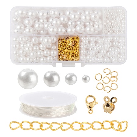 Arricraft DIY Jewelry Sets Making Kits, Including ABS Plastic Imitation Pearl Beads, 304 Stainless Steel Jump Rings & Lobster Claw Clasps & Bead Tips, Iron Twist Chains, Elastic Crystal, Golden, Beads: 300pcs