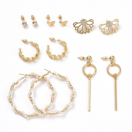 ARRICRAFT Ring & Flower & Butterfly Stud Earrings, Half Hoop Rhinestone Earrings, Resin Pearl Beads Wire Wrap Open Hoop Earrings for Women, Golden, 6~67x6~25mm, Pin: 0.8mm, 6 pairs/set