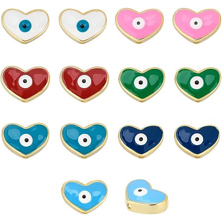 NBEADS 14 Pcs 7 Colors Heart Shaped Evil Eye Beads, Golden Tone Brass Enamel Beads Evil Eye Spacer Beads for Valentine's Day Necklace Bracelet Jewelry Making