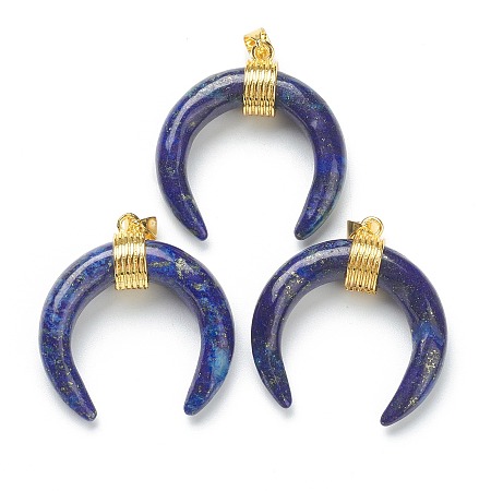 Honeyhandy Natural Lapis Lazuli Pendants, with Golden Brass Findings, Double Horn/Crescent Moon, 31~33x30x10mm, Hole: 6x4mm