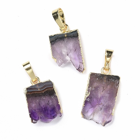 Honeyhandy Rough Raw Natural Amethyst Pendants, with Eco-Friendly Brass, Lead Free & Cadmium Free, Golden, 18~24x11.5~14.5x3.5~5mm, Hole: 7.5x5mm