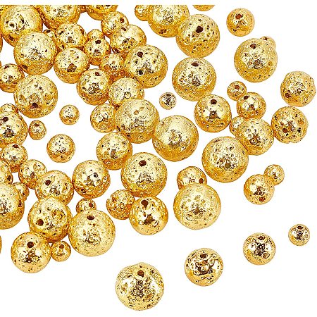 Pandahall Elite 120pcs 4 Sizes Electroplated Lava Beads, Golden Gemstone Round Loose Beads Rock Stone Beads for Earring Necklace Bracelets Jewelry Making Supplies