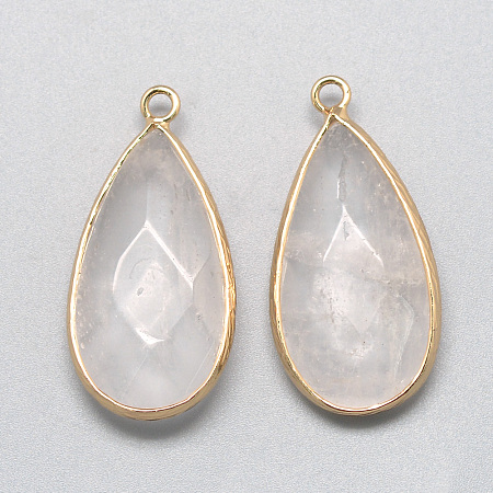 Honeyhandy Natural Clear Quartz Pendants, with Golden Tone Brass Findings, Faceted, teardrop, Clear, 32.5~33x16x6mm, Hole: 2.5mm