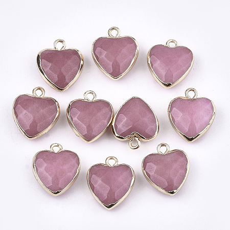 Electroplate Natural White Jade Pendants, with Iron Findings, Faceted, Heart, Dyed, Flamingo, Golden, 16~17x14~15x6~7mm, Hole: 1.8mm