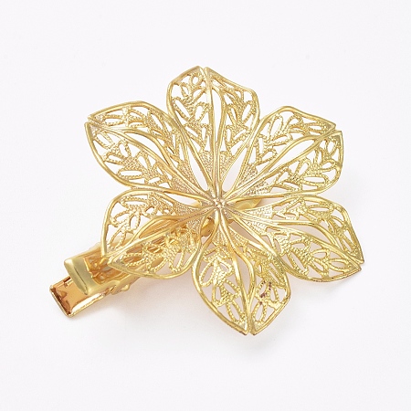 Honeyhandy Hair Accessories Iron Alligator Hair Clip Findings, with Brass Filigree Flower Cabochon Bezel Settings, Long-Lasting Plated, Golden, Tray: 12mm, 48x10mm, Flower: 40mm