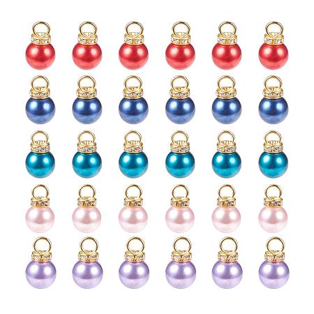 PandaHall Elite 50pcs 5 Color Imitation Pearl Charms Pendants Faux Pearl Beads Charms with Rhinestone for Dangle Earrings Necklace Jewelry Making