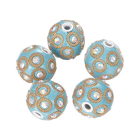 ARRICRAFT 5 PCS Round Handmade Indonesia Beads with Rhinestones Silver Plated Alloy Cores, MediumTurquoise, 23x21mm, Hole: 11mm