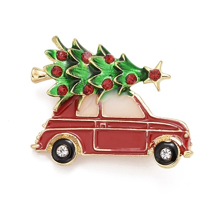 Honeyhandy Colorful Christmas Tree with Car Enamel Pin with Rhinestone, Alloy Badge for Backpack Clothes, Golden, 27x34x10mm