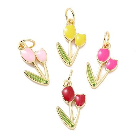 Honeyhandy Brass Pendants, with Enamel, Lead Free & Cadmium Free, Real 18K Gold Plated, Tulip, Mixed Color, 19x11x2mm