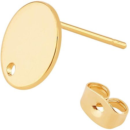 BENECREAT 10PCS 18K Real Gold Plated Flat Round Earring Studs with Brass Ear Nuts for DIY Earring Jewelry Making, Hole: 1mm, Pin: 0.8mm