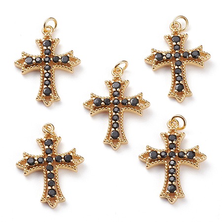 Honeyhandy Brass Micro Pave Black Cubic Zirconia Pendants, with Jump Rings, Greek Cross, Real 18K Gold Plated, 25x18.5x3mm, Jump Ring: 5x1mm, 3mm Inner Diameter