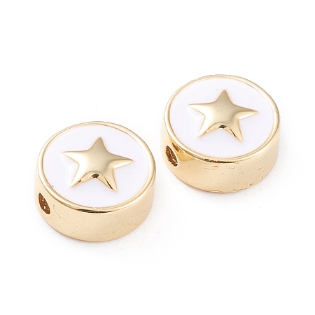 Honeyhandy Brass Enamel Beads, Long-Lasting Plated, Flat Round with Star, White, Real 18K Gold Plated, 11x5mm, Hole: 1.8mm