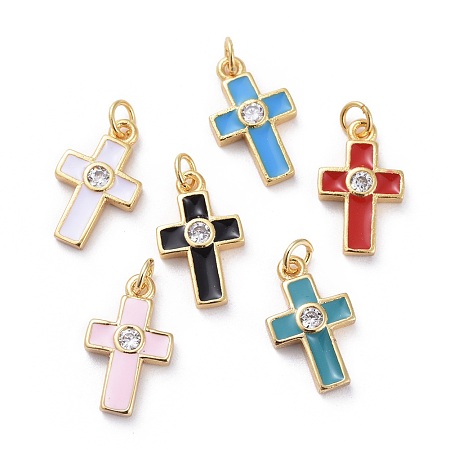 Cubic Zirconia Charms, with Brass Findings and Enamel, Cross, Golden, Mixed Color, 15x9x2.5mm, Hole: 1.8mm