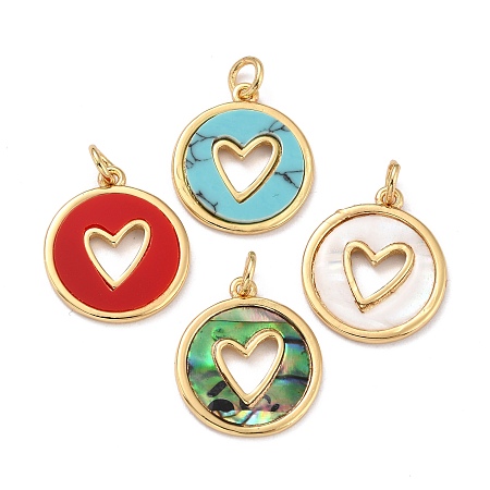 Honeyhandy Real 18K Gold Plated Brass Pendants, with Mixed Shell & Gemstone, Long-Lasting Plated, Flat Round with Heart, Mixed Color, 18x16x2mm, Hole: 3mm, Jump Ring: 5x1mm