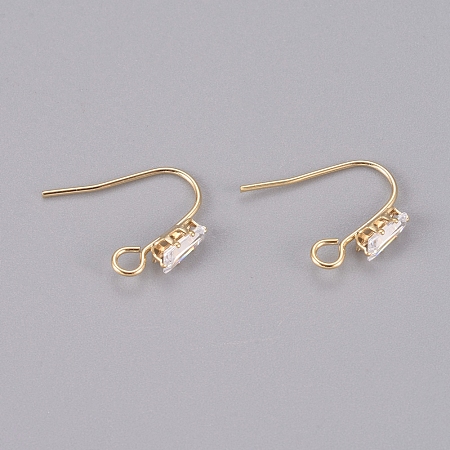 Honeyhandy Brass Earring Hooks, Ear Wire, with Clear Cubic Zirconia and Horizontal Loop, Long-Lasting Plated, Real 14K Gold Plated, 16x13x3.5mm, Hole: 2mm, Pin: 0.8mm