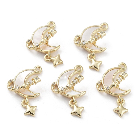 Honeyhandy Brass Cubic Zirconia Pendants, with Shell, Moon, Real 18K Gold Plated, 25x14x6mm, Hole: 1.5mm