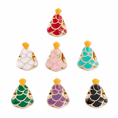 Arricraft Brass Enamel European Beads, Large Hole Beads, Real 18K Gold Plated, Long-Lasting Plated, Christmas Tree, Mixed Color, 10.5x9.5x13.5mm, Hole: 4mm