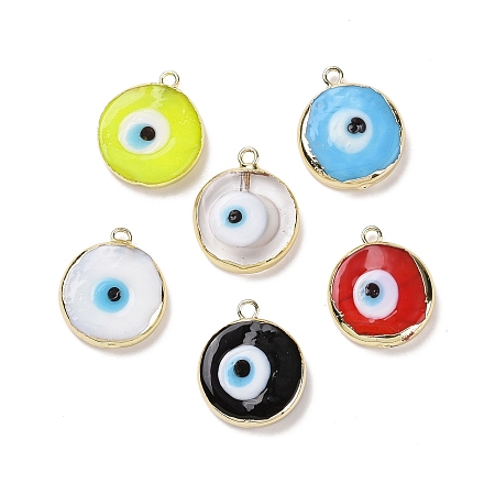 Handmade Lampwork Pendants, with Golden Plated Brass Findings, Cadmium Free & Lead Free, Flat Round with Evil Eye, Mixed Color, 21x18x4.5mm, Hole: 1.6mm