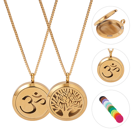 BENECREAT 2PCS Aromatherapy Essential Oil Diffuser Necklace Golden Life Theme Stainless Steel Locket Pendant with 24