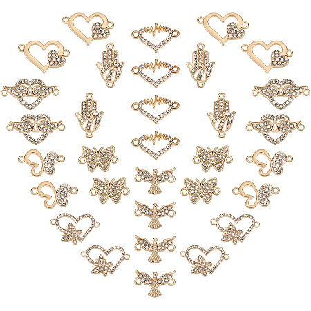 SUNNYCLUE 1 Box 32Pcs 8 Styles Alloy Rhinestone Links Connectors Butterfly Heart Charms Bird Hams a Pendants Jewellery Findings with Double Loop for DIY Necklace Bracelet Jewellery Making